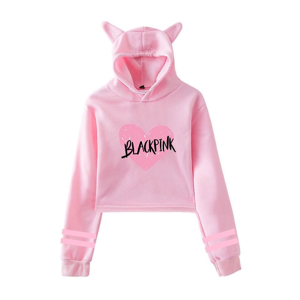 Printed Cat Ears Casual Crop Hood Sweatshirt