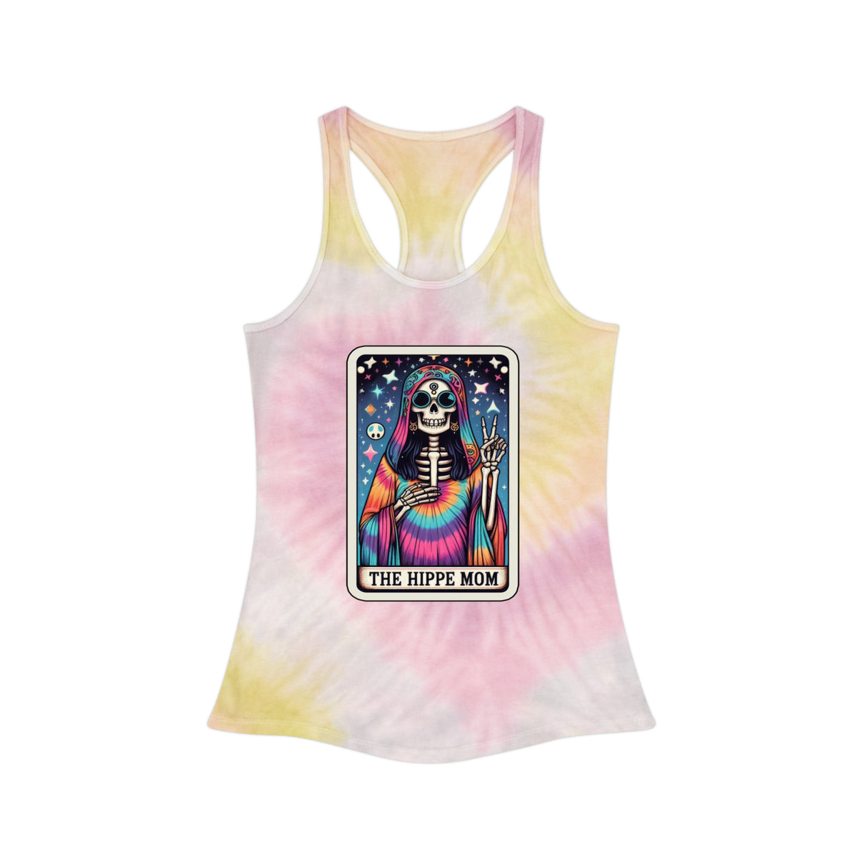 The Hippie Mom - Funny Skeleton Tarot Card Print - Tie Dye Racerback Tank Top