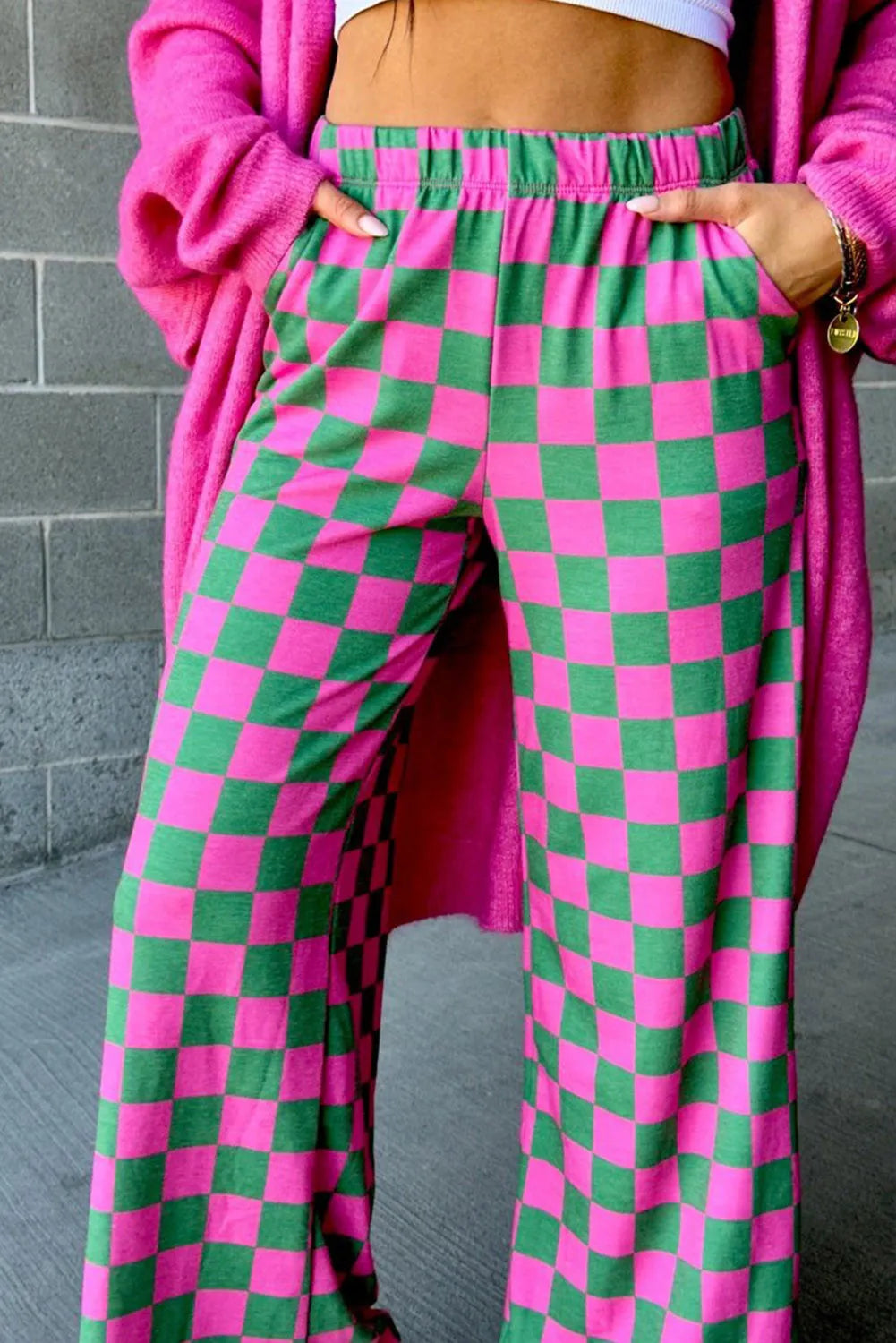 Pink Checkered Wide Leg Pants With Pockets