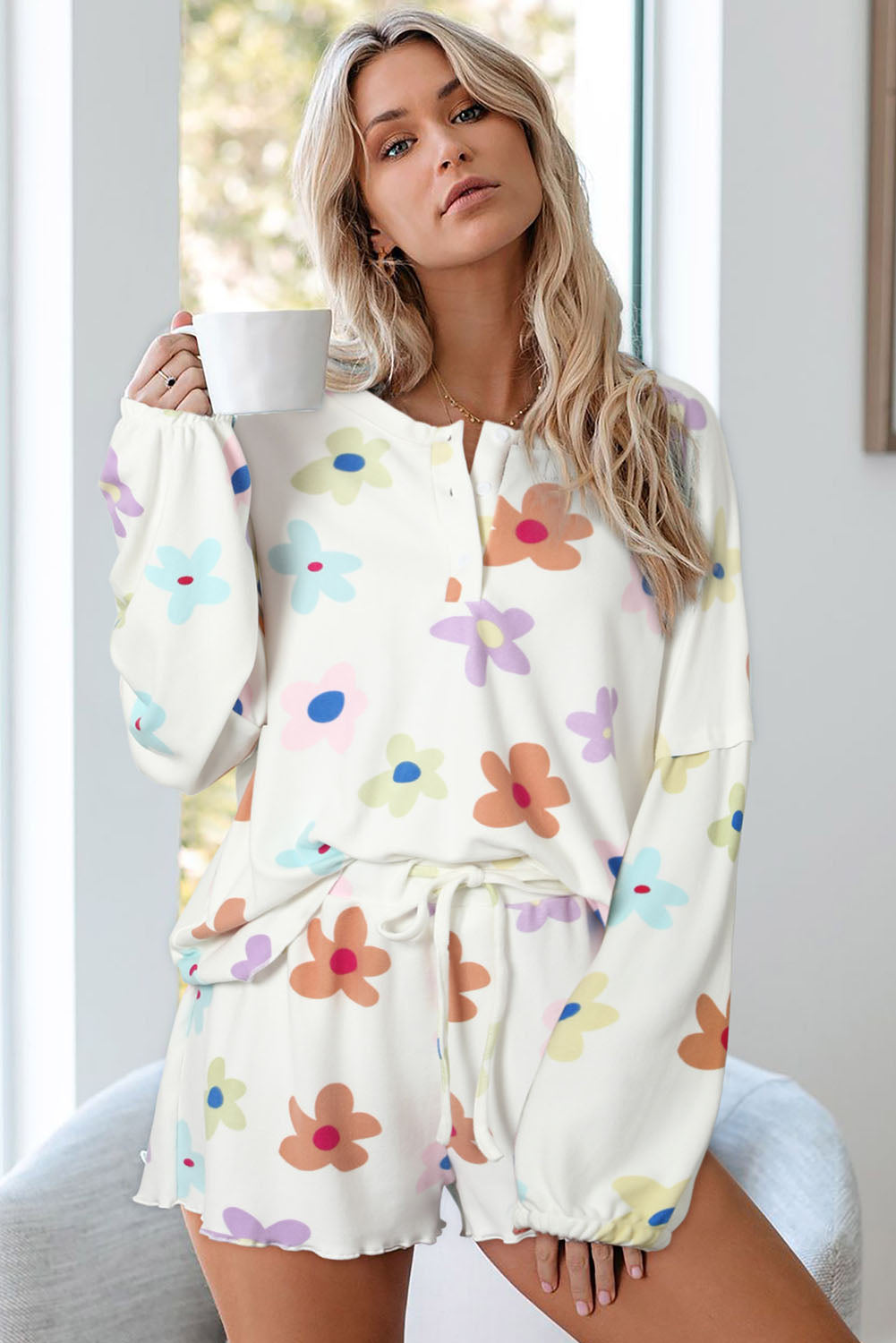 White Floral Print Henley Top & Drawstring Shorts Loungewear Set