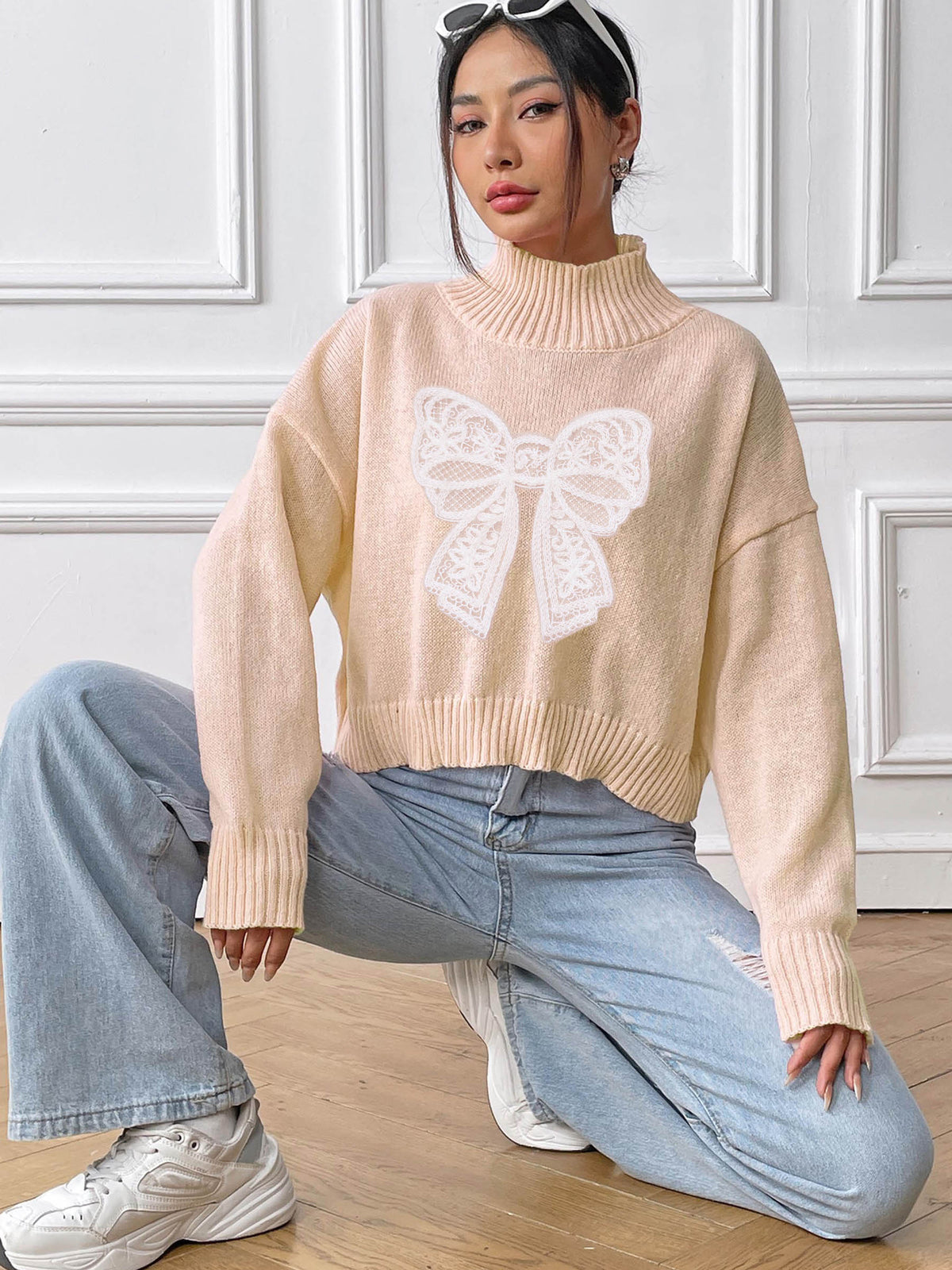 Lace Bow Turtleneck Long Sleeve Sweater