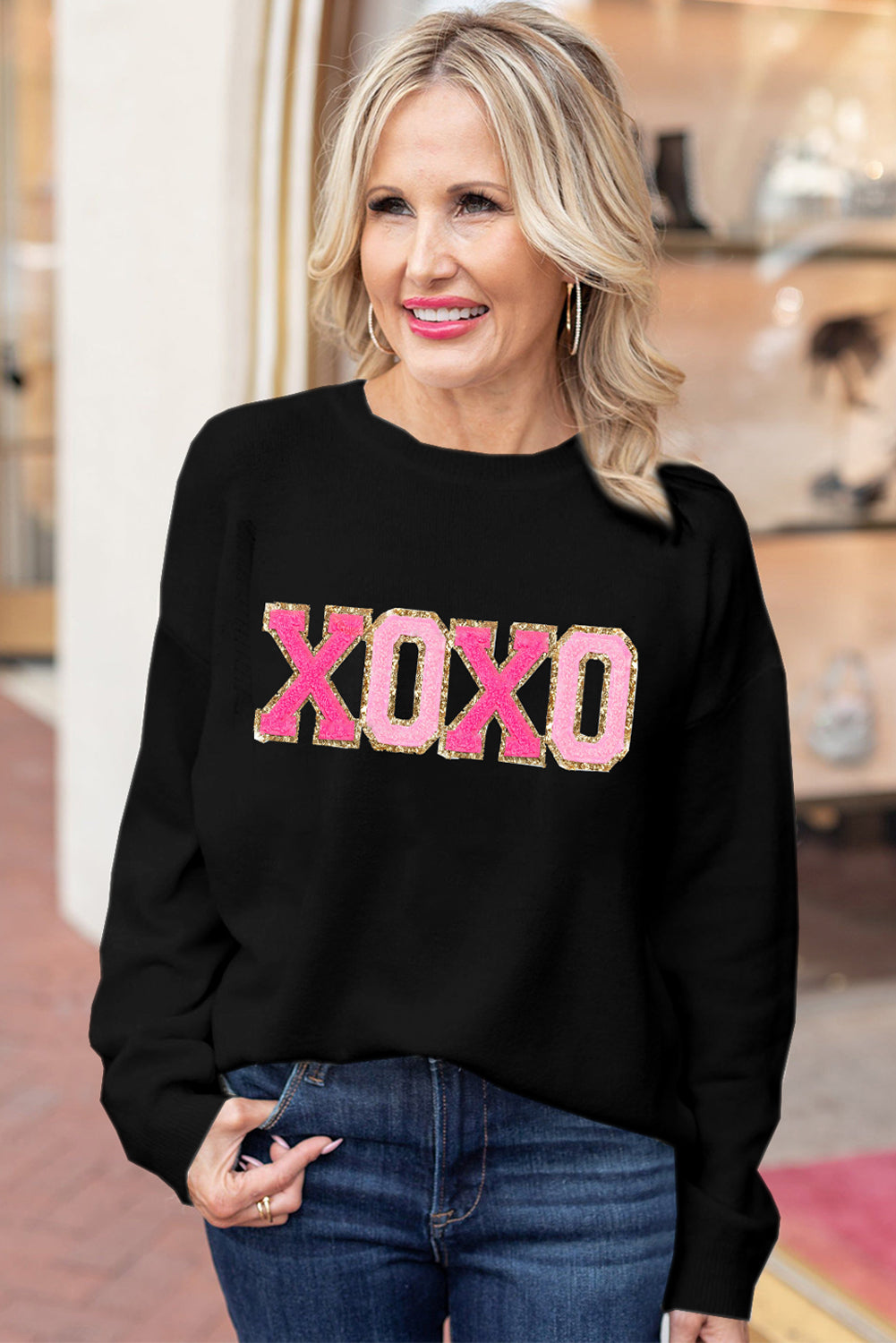 Black Howdy Heart Graphic Round Neck Casual Sweater