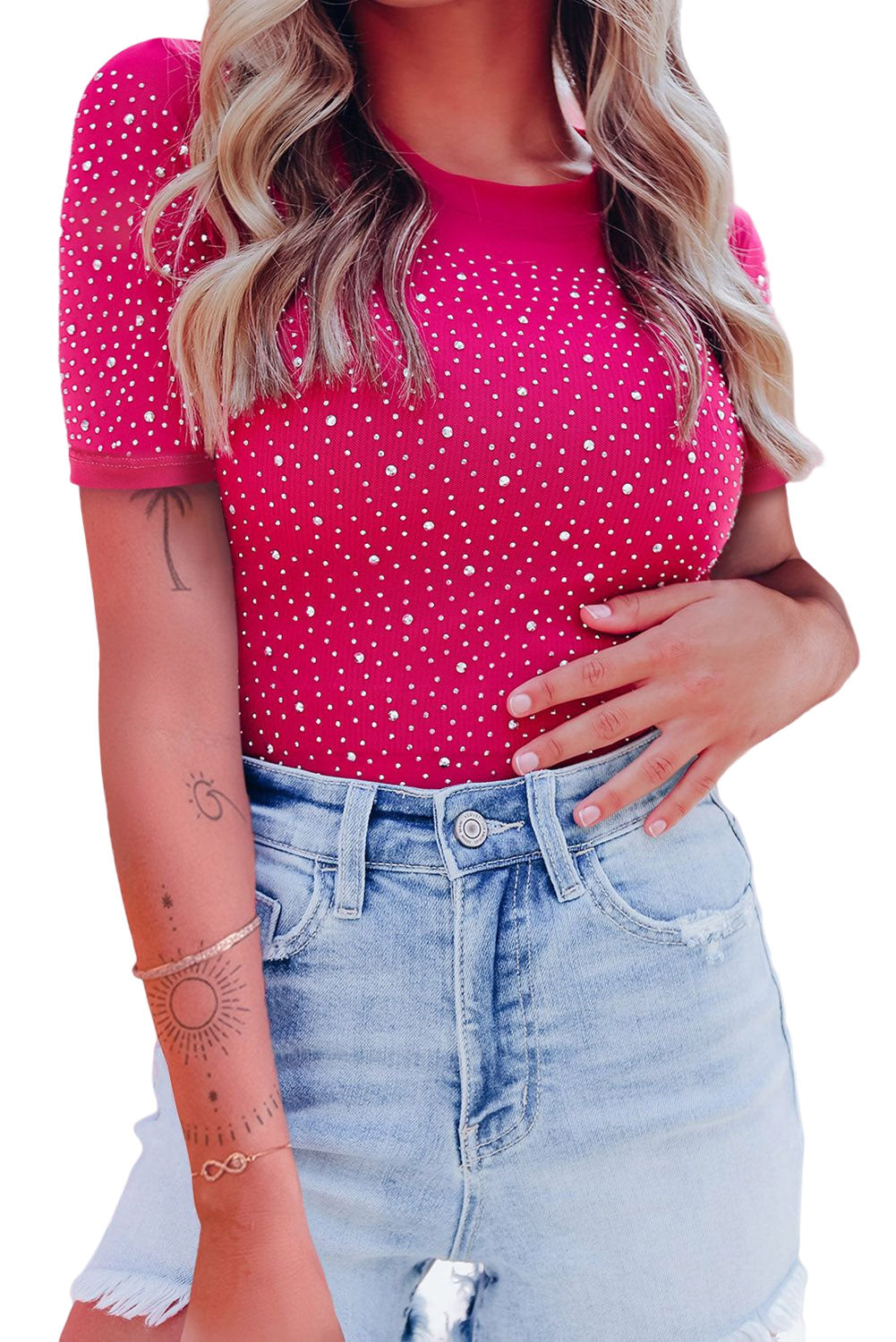 Rose Rhinestone Double Spaghetti Strap Crop Top