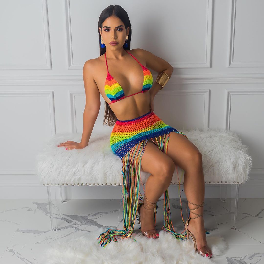 Rainbow Crochet Bikini Top And Tassel Fringe Skirt Sexy 2 Piece Outfit Swimwear Set