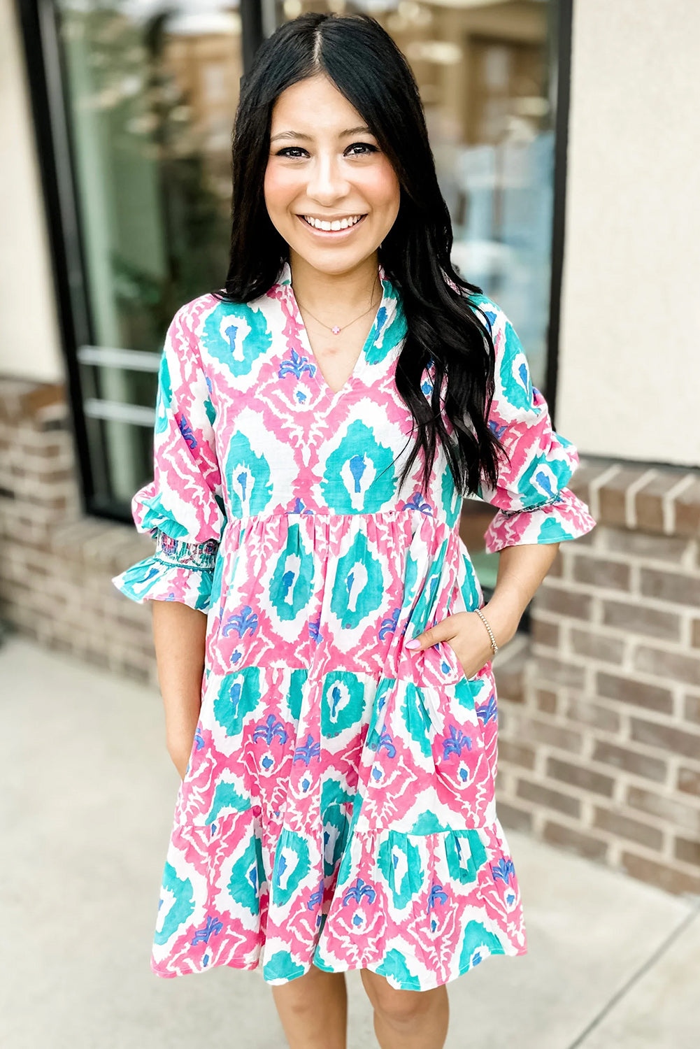 Multicolour Boho Abstract Smocked Sleeve Tiered Dress