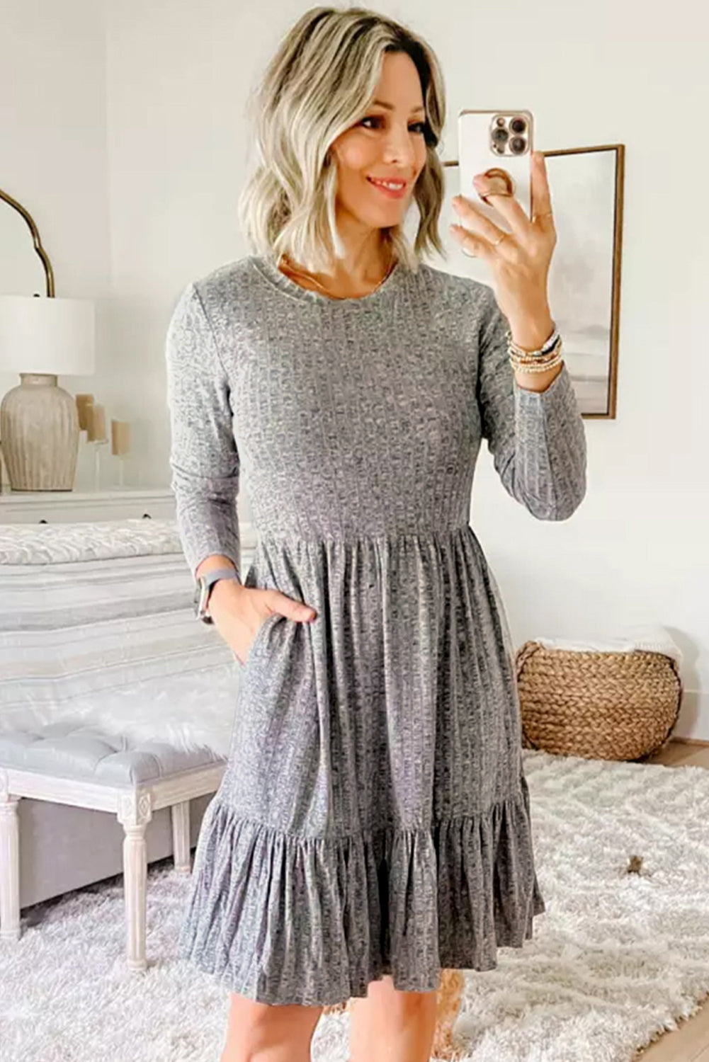 Gray Pocket Ribbed Pleated Ruffle Hem Dress