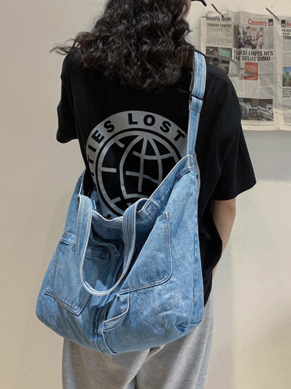 Casual Denim Split-Joint Solid Color Tote Style Handbag