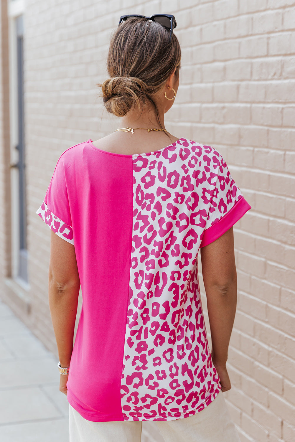 Rosy Leopard Print Top Color Block Rolled Up Sleeve Casual T Shirt