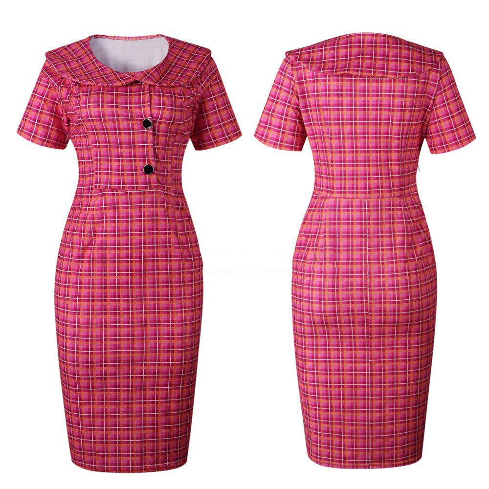 ElleRetro Hot Pink Plaid Quarter Length Sleeve Midi Length Collared Dress