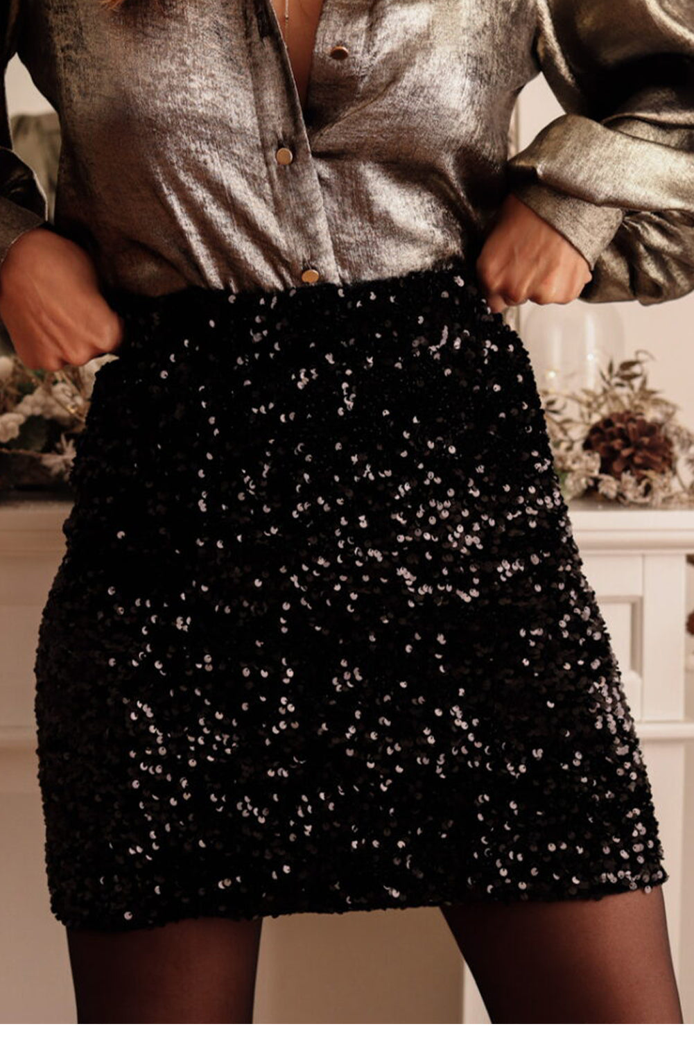 Black Sequins Bodycon Mini Skirt