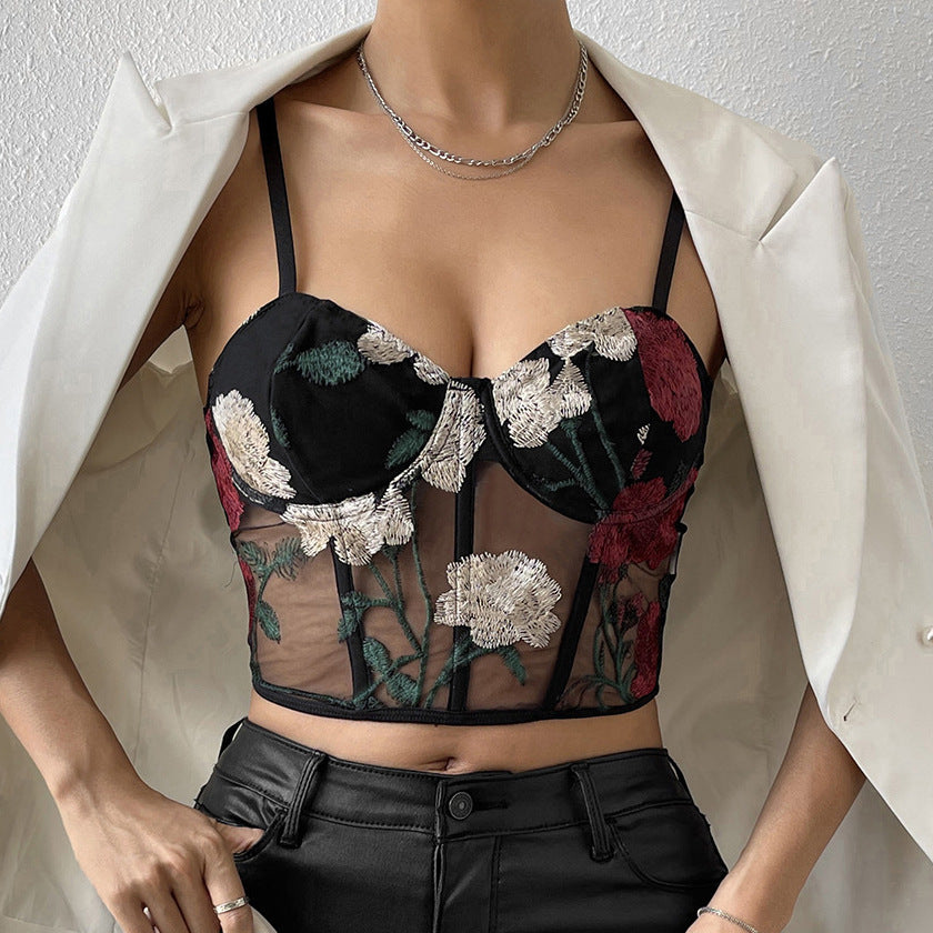 Sexy Mesh Sweetheart Sheer Spaghetti Strap Vintage Floral Crop Top