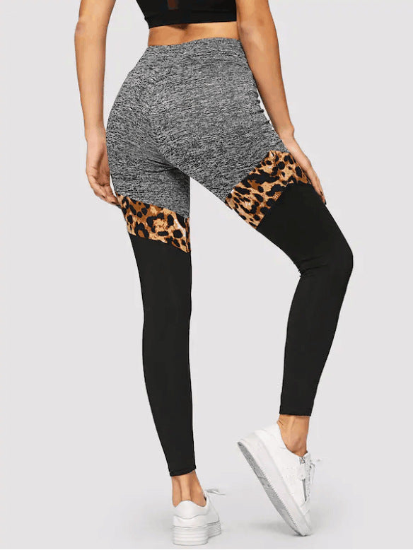 Grey And Black Plus Leopard Print Exposed Stitching Polyester Fiber Leggings