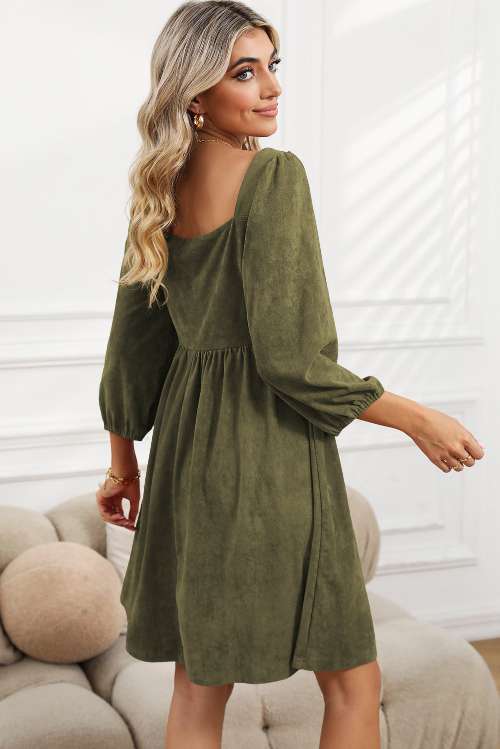 Green Washed Square Neck High Waist Flared Short Dress