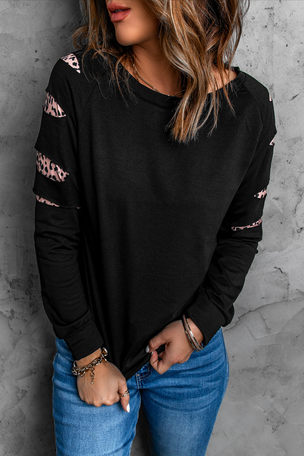 Black Leopard Print Distressed Raglan Sleeve Graphic Sweatshirt