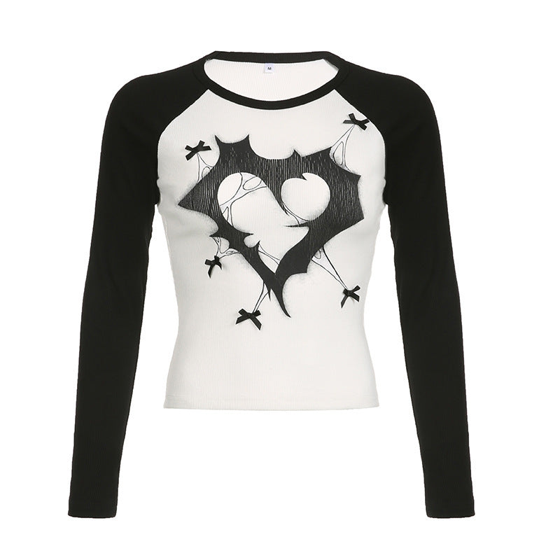 Punk Rock Ragland Baseball Shirt Style Jagged Heart Graphic Print Long Sleeve Tee Shirt