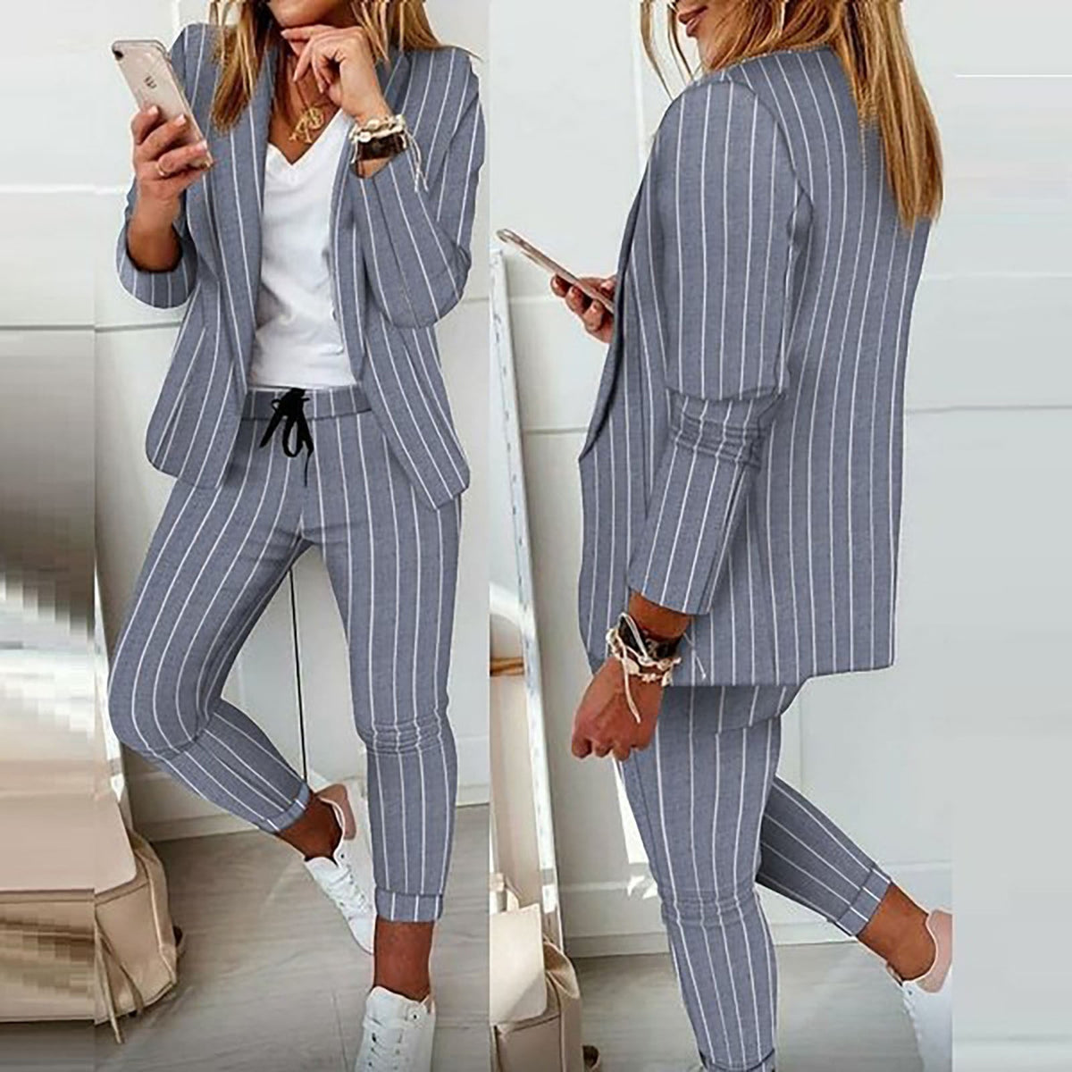 Multicolor Plaid Print Casual Retro Blazer Slim Fit Pants Set