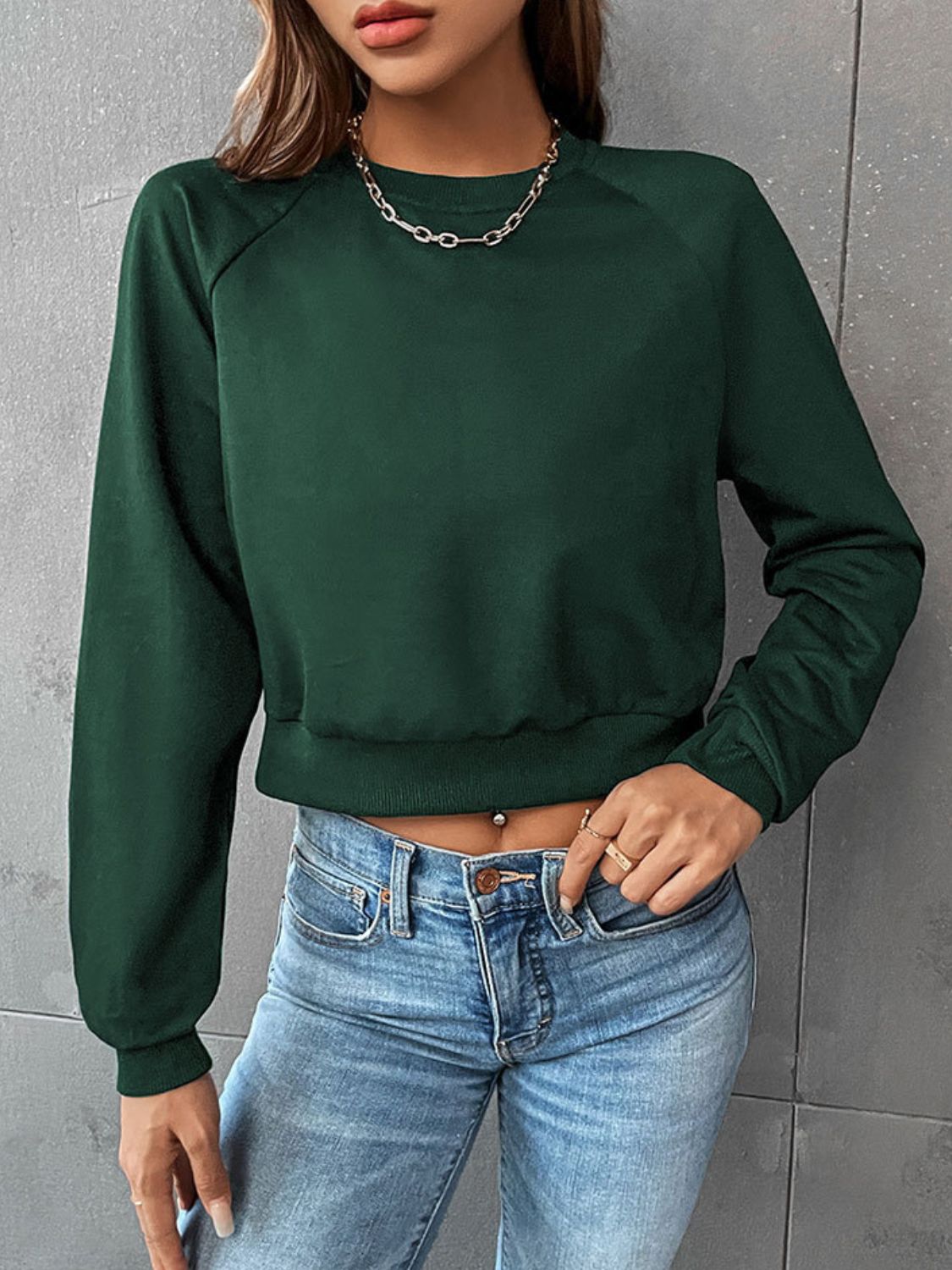 Perfee Raglan Sleeve Round Neck Cropped Sweatshirt