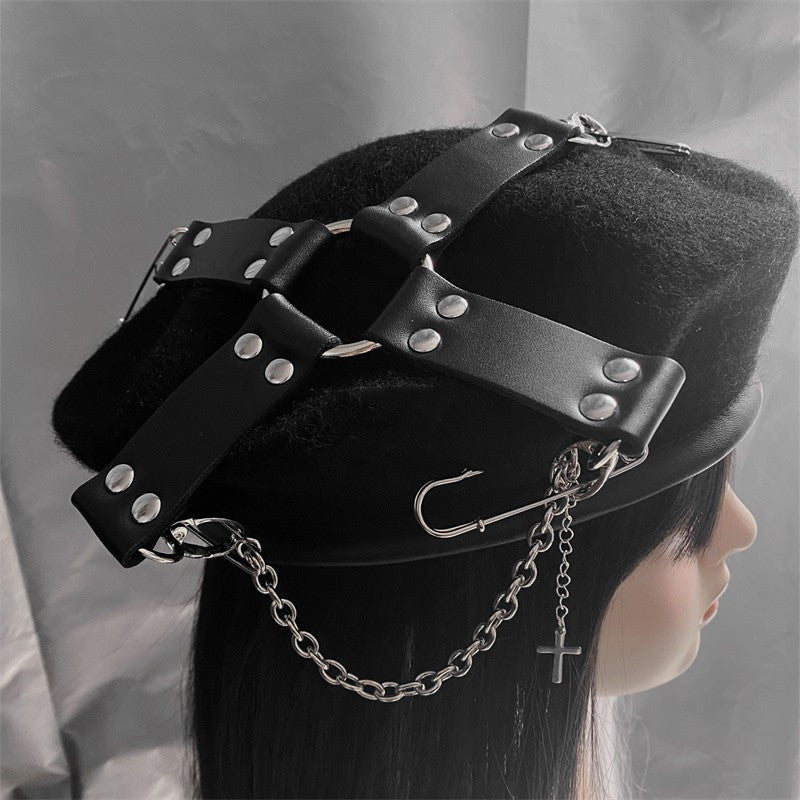 Punk Goth Pu Cross Pin Chain Painter Hat