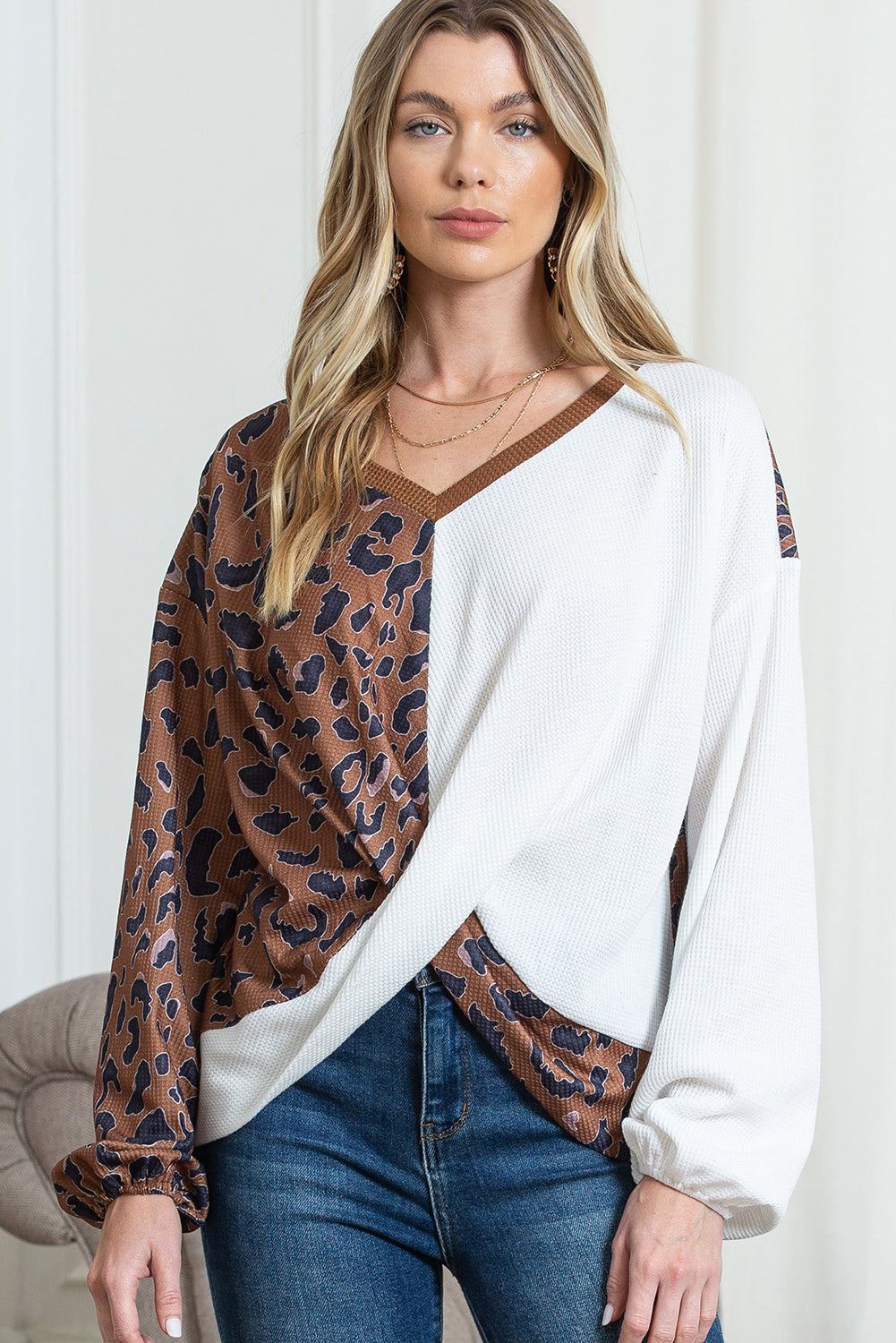 Brown Leopard and Waffle Knit Patchwork Long Sleeve Top