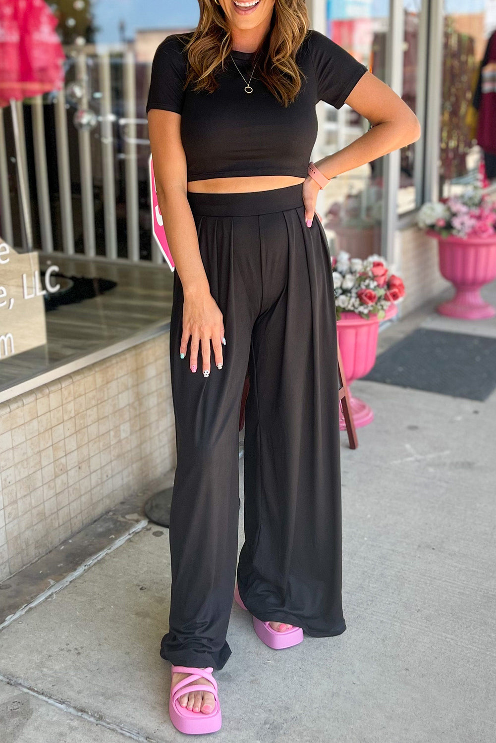 Strawberry Pink Slim Fit Crop Top and Pleated Wide Leg Pants Set