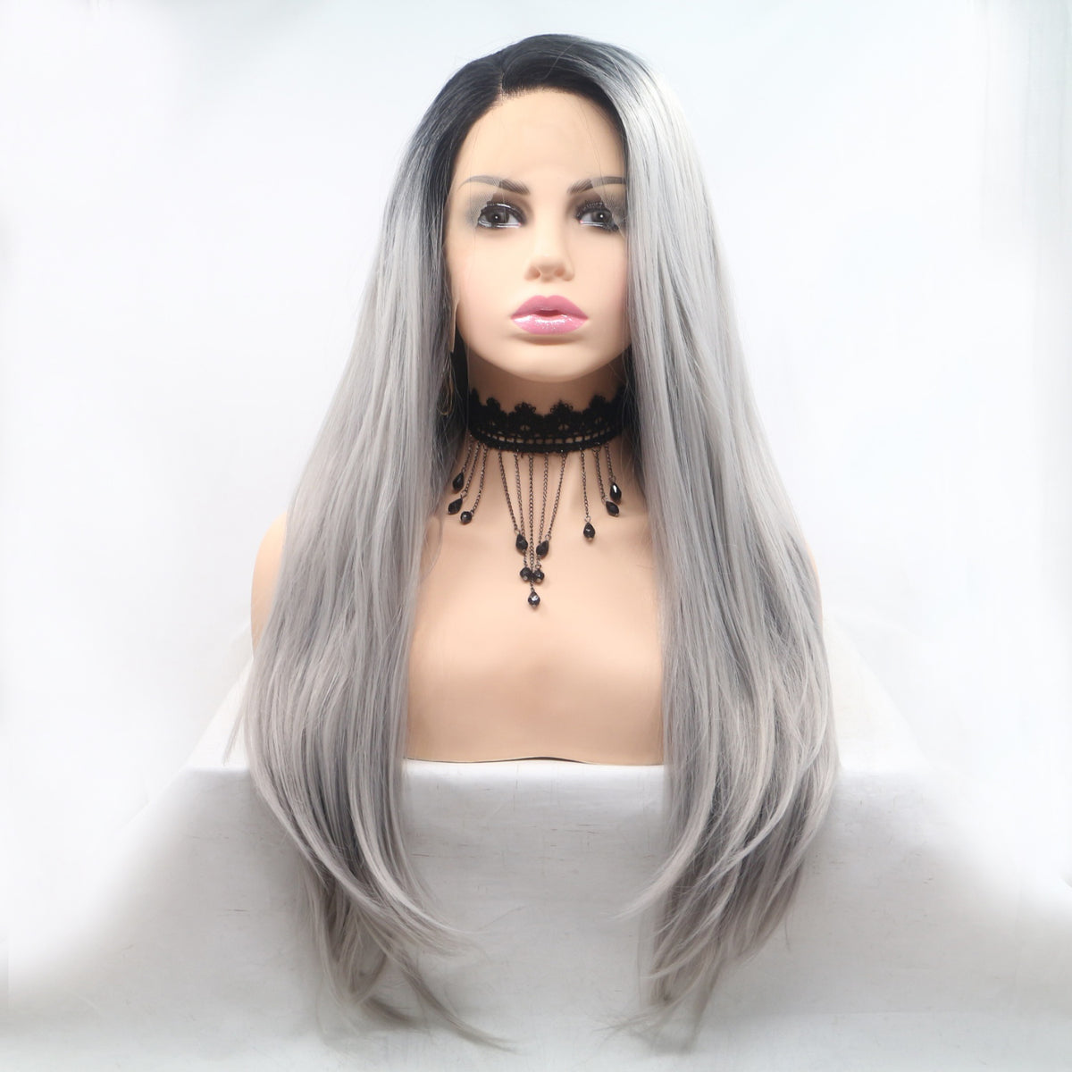 13x3 Lace Front Synthetic Wig – Long Straight 24-Inch, 130% Density in Silver