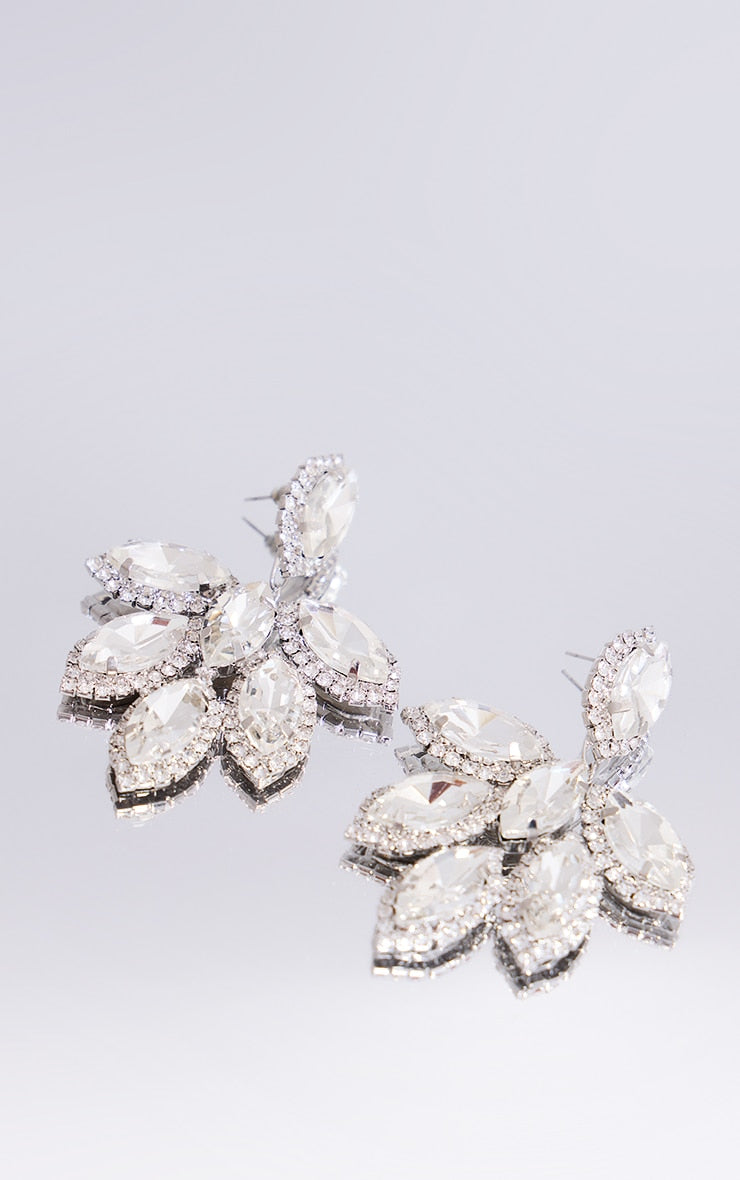 Silver Diamante Oversized Leaf Earrings