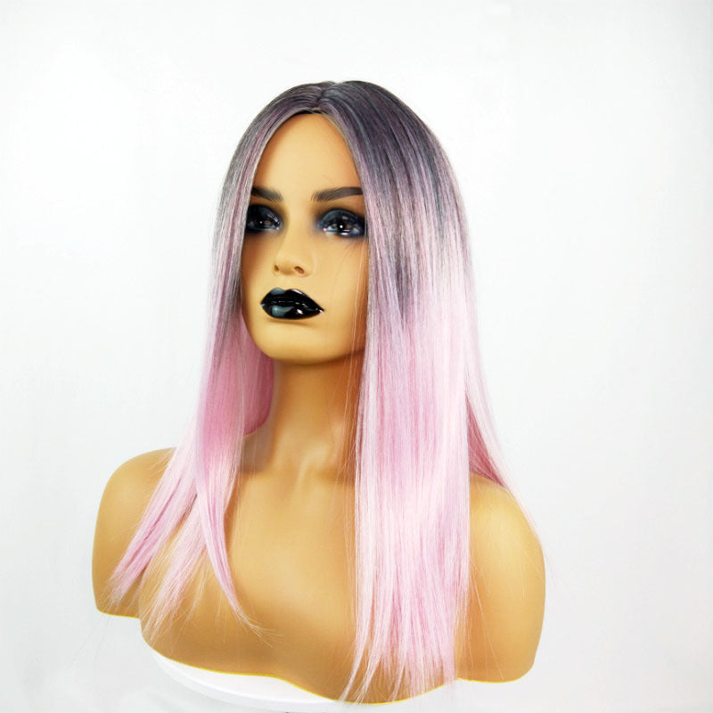 Long Straight Black Gradient LightPink Wig Headgear