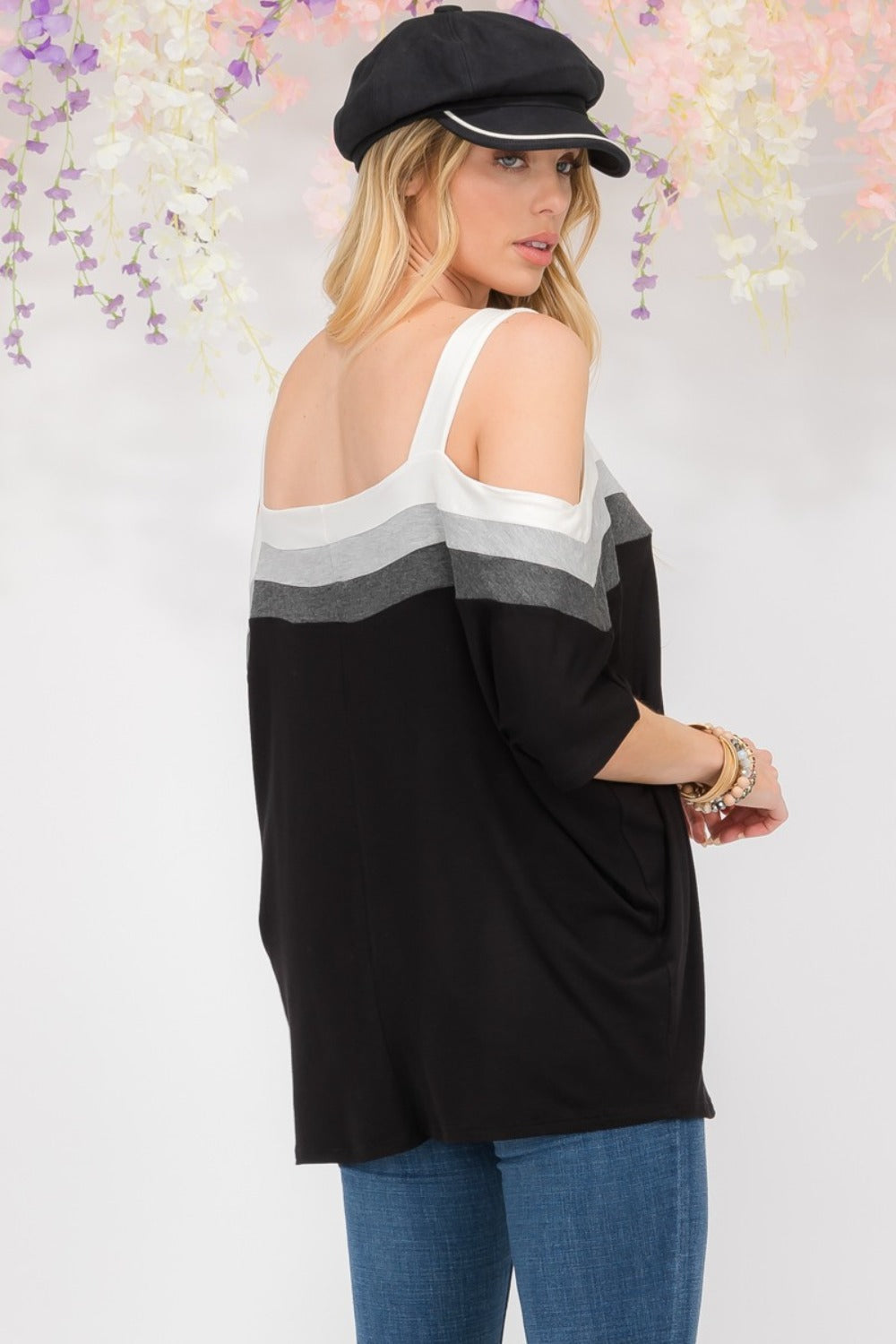 Title: Celeste Full-Size Striped Cold Shoulder Top