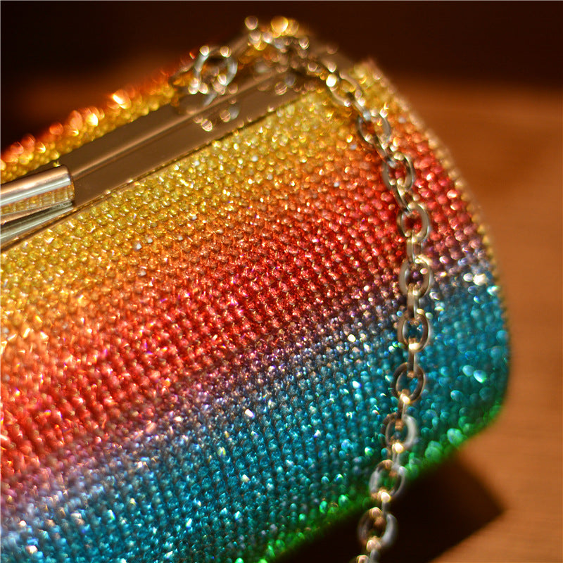 Rainbow Gradient Luxury Rhinestone Bling Party Clutch Evening Bag With Shoulder Chain