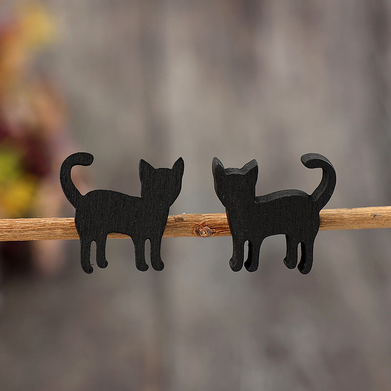 Black Cat Wooden Alloy Earrings