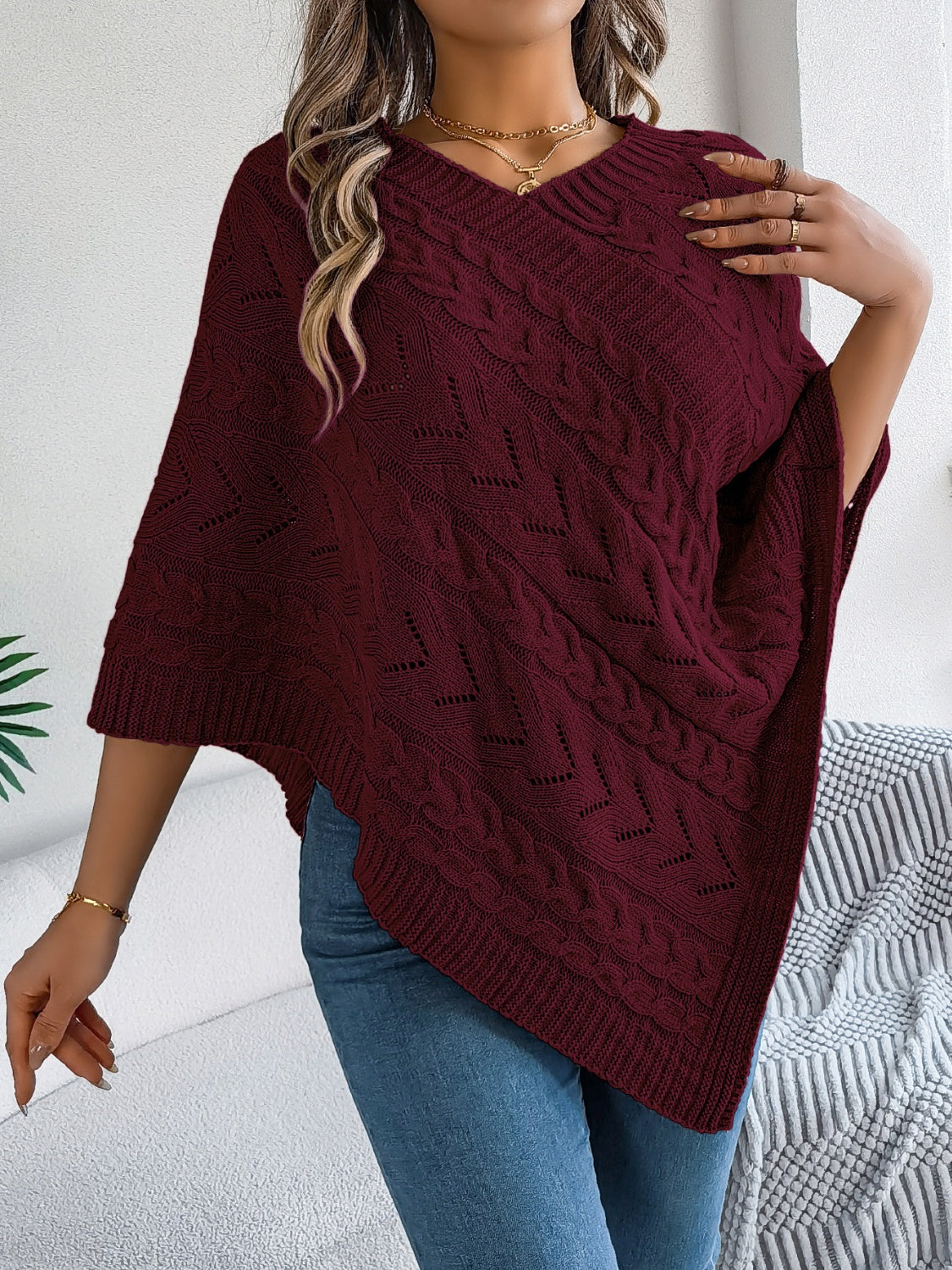 Cable-Knit Openwork Three-Quarter Sleeve Sweater