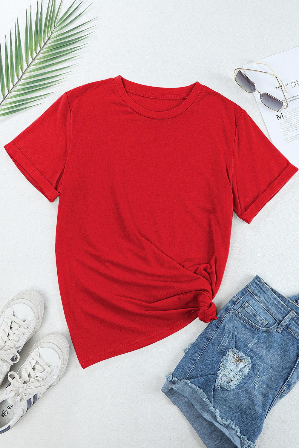 Rose Red Casual Plain Crew Neck Tee