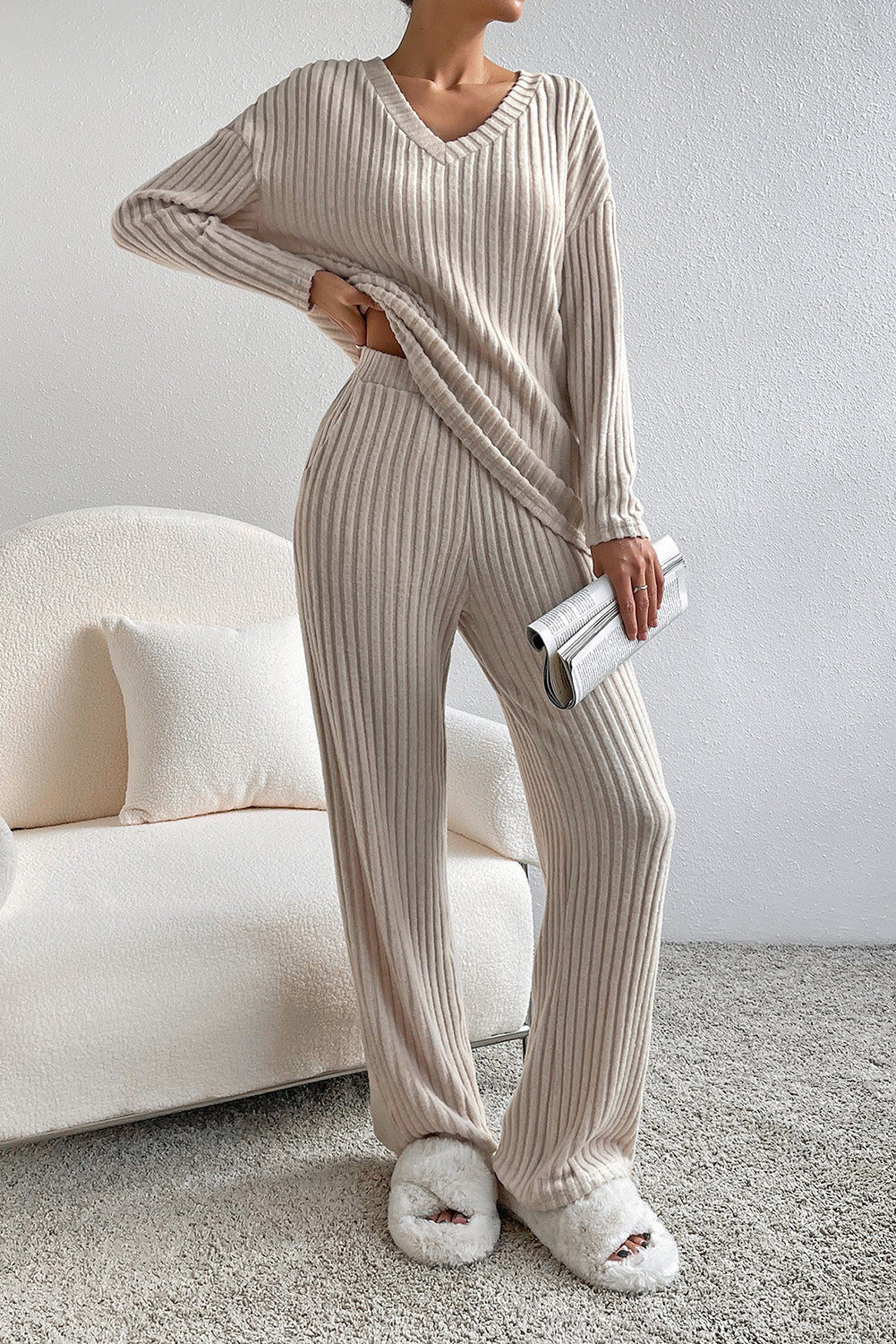 Khaki Ribbed Knit Bell Sleeve Crop Top Drawstring Pants Set