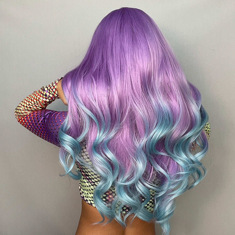 Cosplay Colored Wig With Long Curly Bangs Purple And Blue Gradient Hair