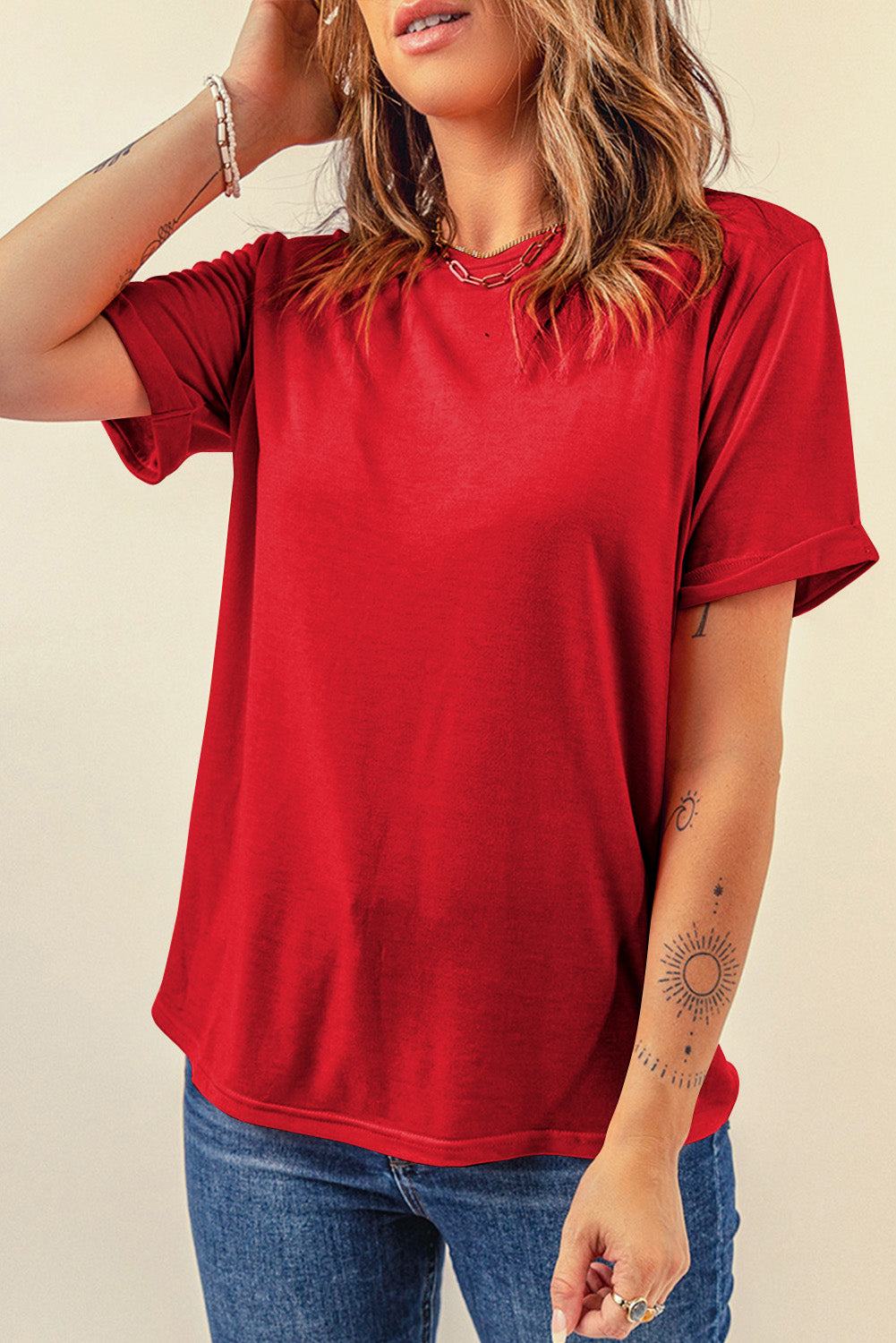 Rose Red Casual Plain Crew Neck Tee