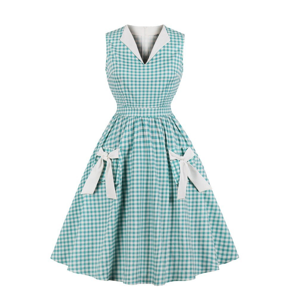 Checkered Printed Pleated A Line Bow Pocket Sleeveless Swing Dress