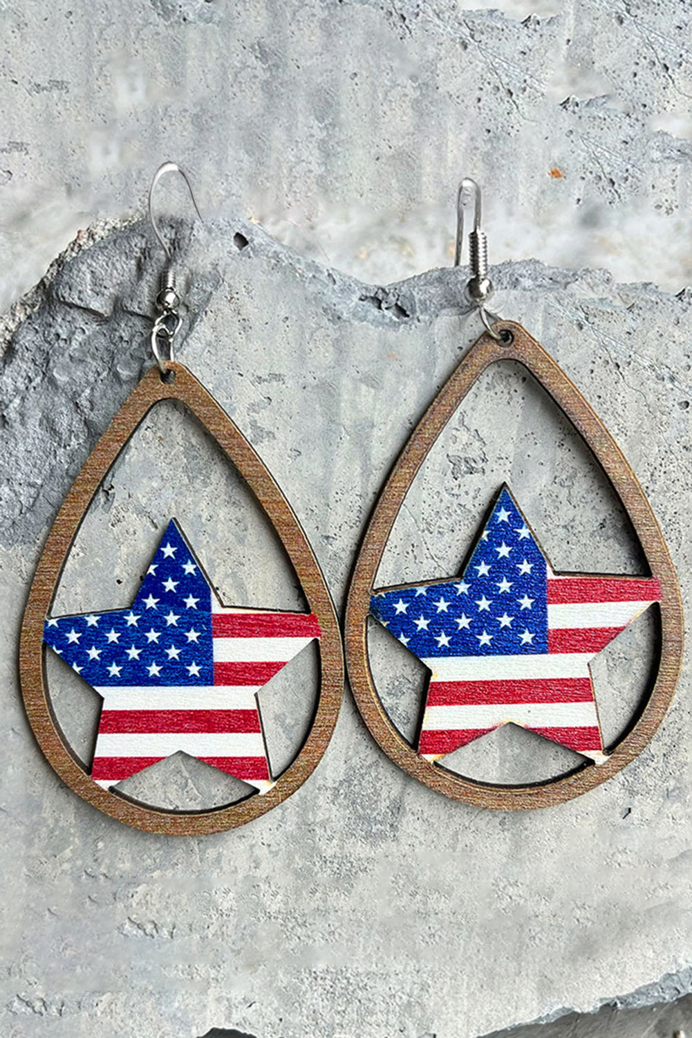 Fiery Red American Flag Heart Shape Hollowed Wood Drop Earrings