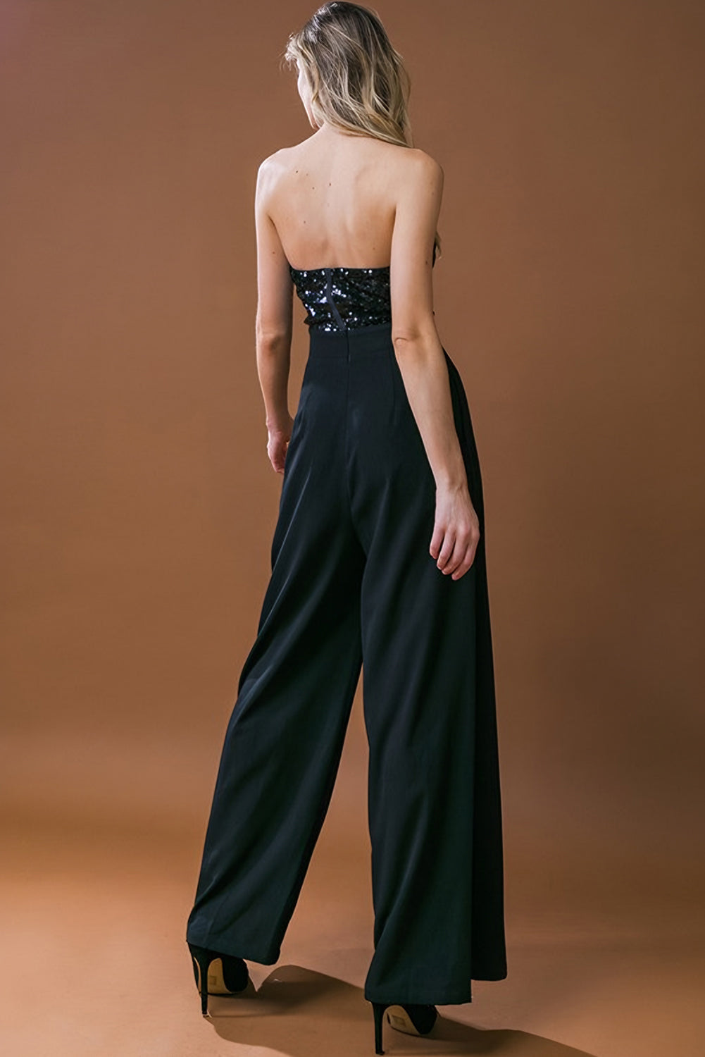 Black Sequin Tube Top Floor Length Wide Leg Jumpsuit