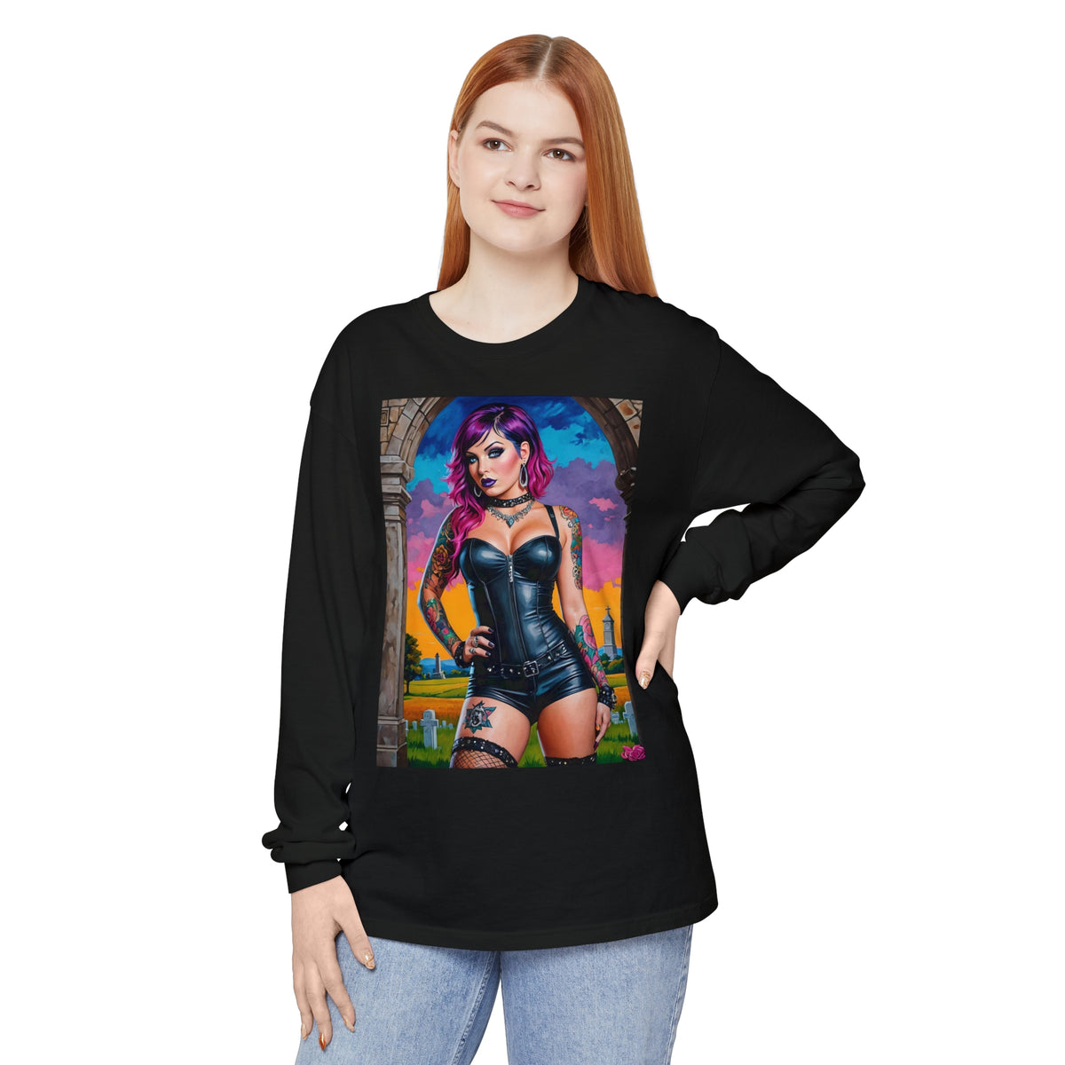 Goth Graveyard Girl Series - Design Three - Unisex Garment-dyed Long Sleeve T-Shirt