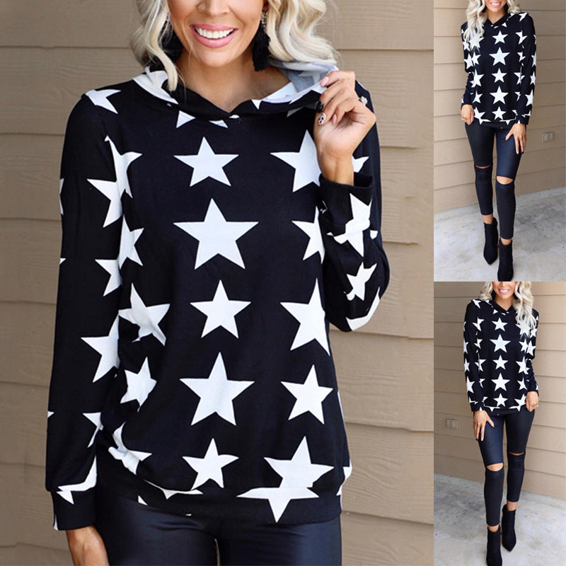 Hooded Long Sleeve Loose Sweatshirt with Star Pattern