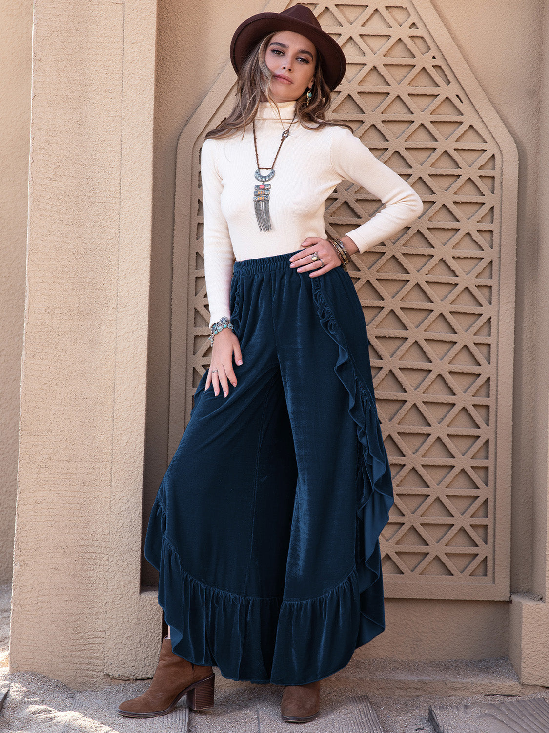 Trendy Slit Ruffled Wide Leg Pants for Stylish Comfort