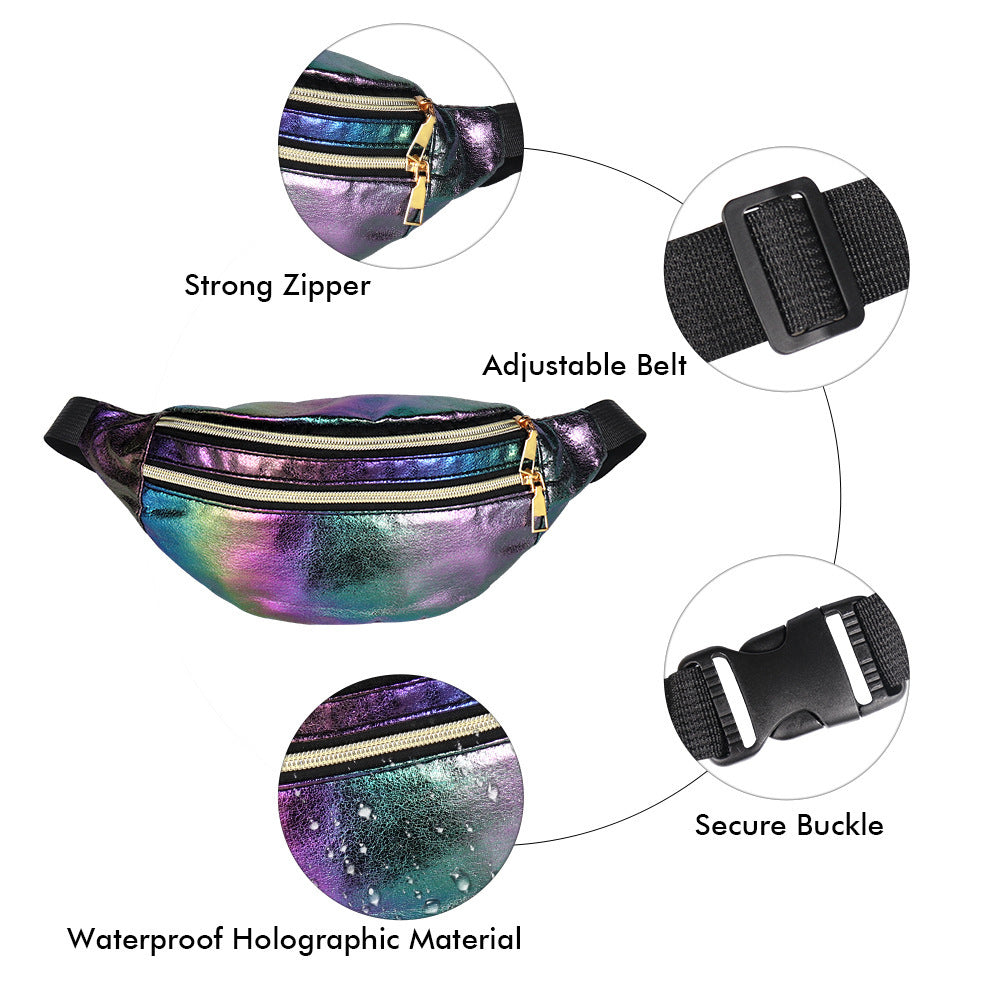 Rainbow Holographic Laser Festival Fashion Shoulder or Fanny Pack Bag With 3 Pockets