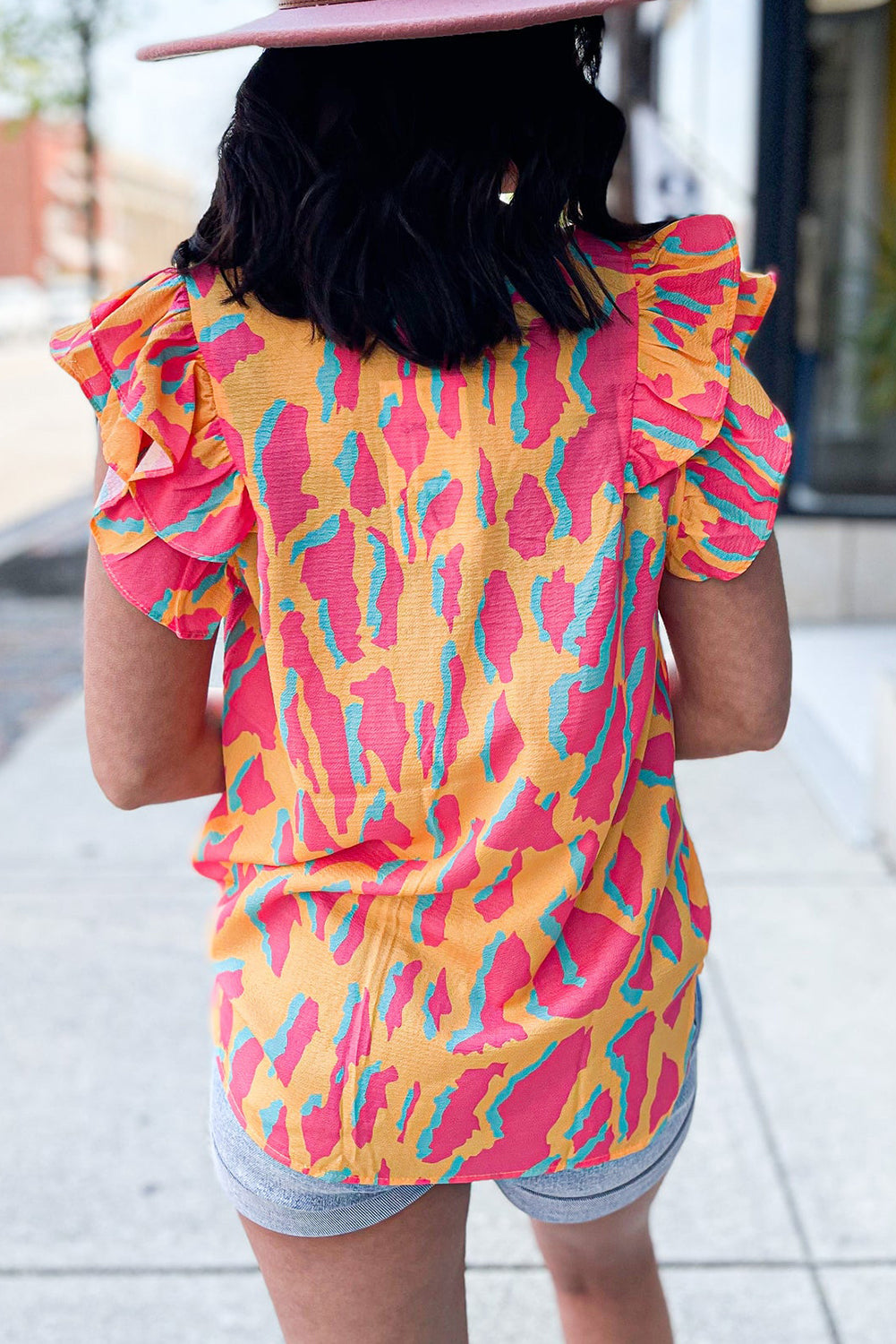 Orange Colorblock Abstract Print V Neck Ruffled Sleeve Blouse