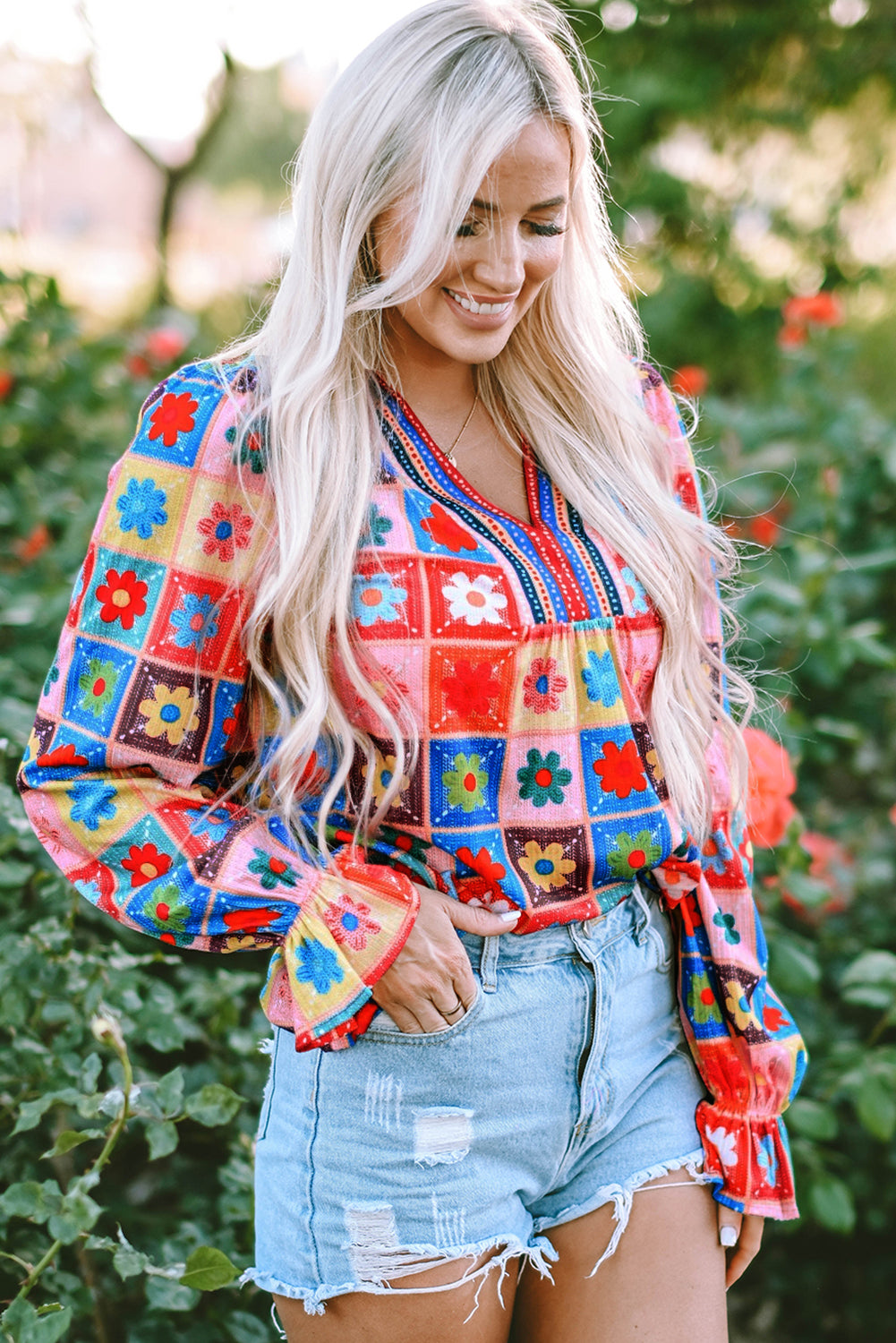 White Checkered Flower Print Boho Bubble Sleeve Blouse