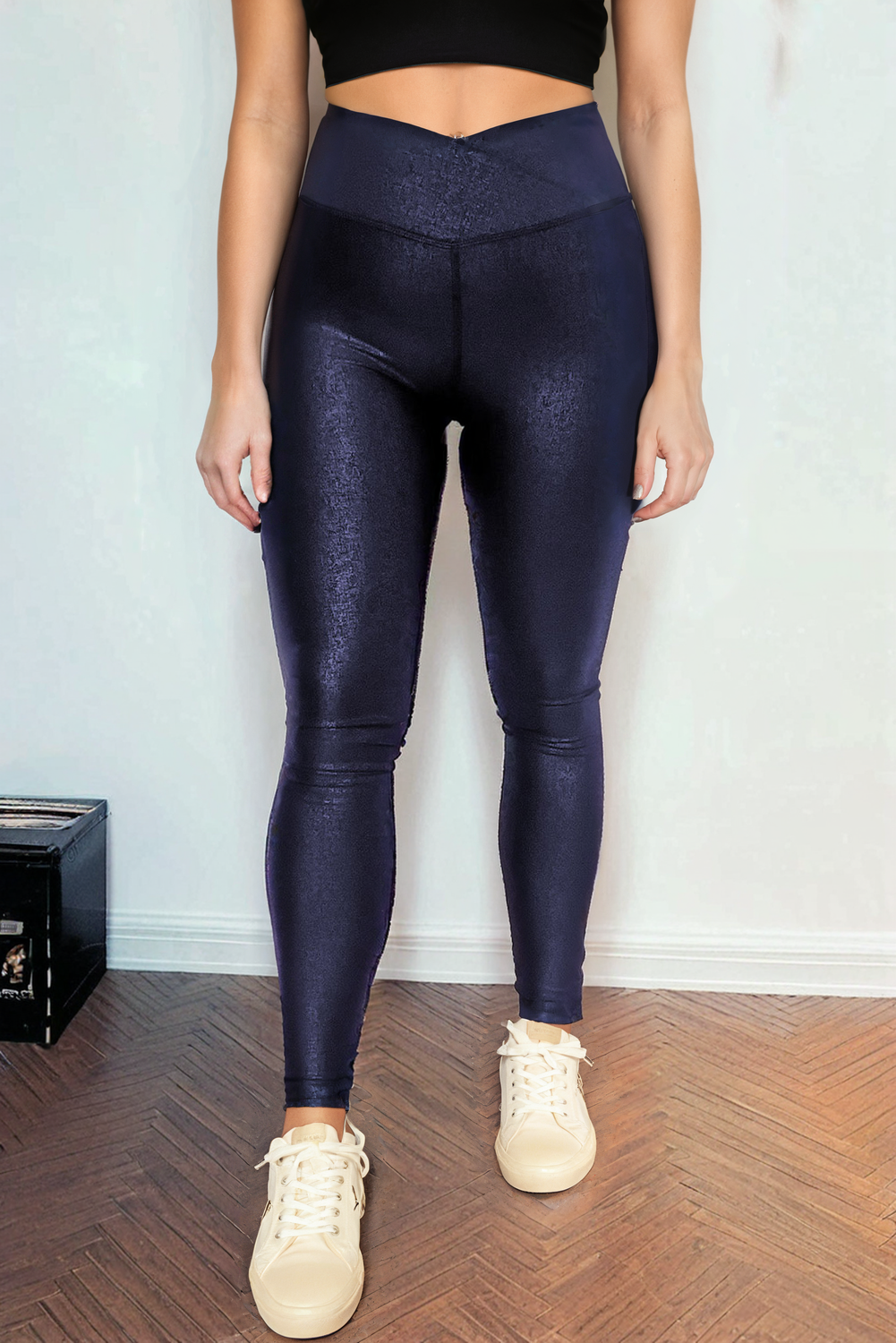 Navy Blue Crossed Dip Waist Sleek Leather Shiny Wet Look Leggings