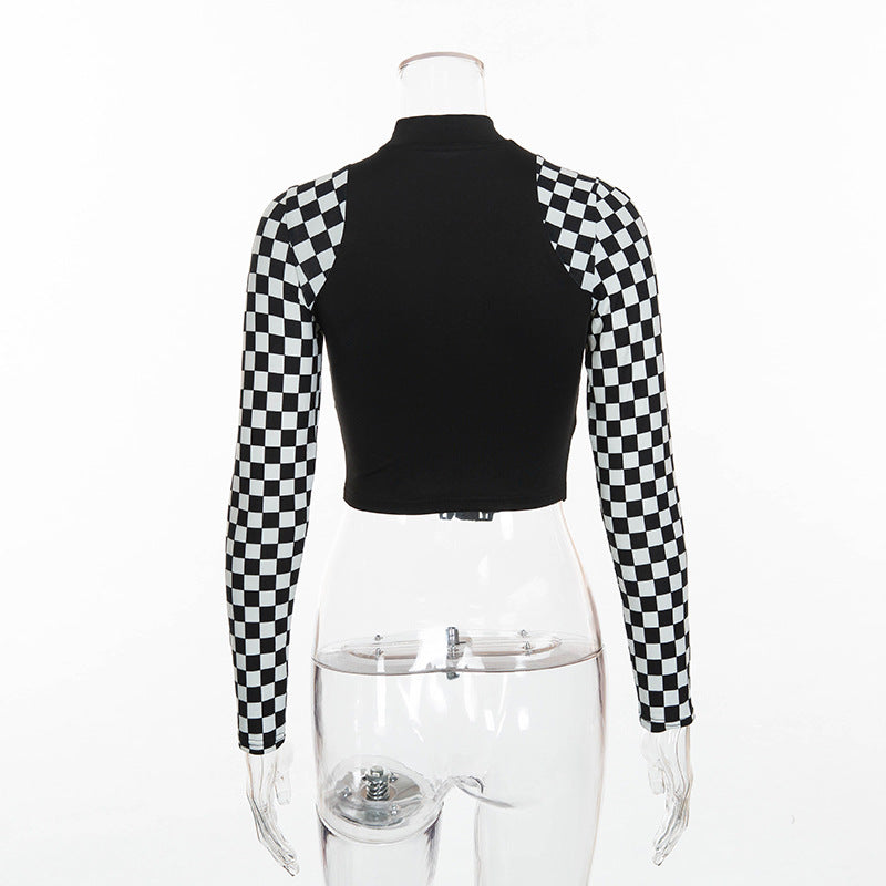 Patchwork Checkerboard Long Sleeve Crop Slim Fit T-Shirt