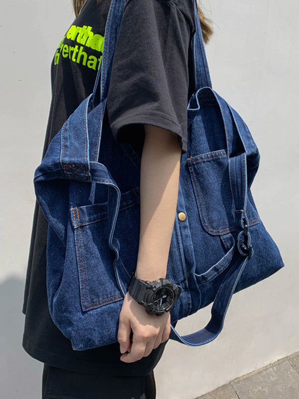 Casual Denim Split-Joint Solid Color Tote Style Handbag