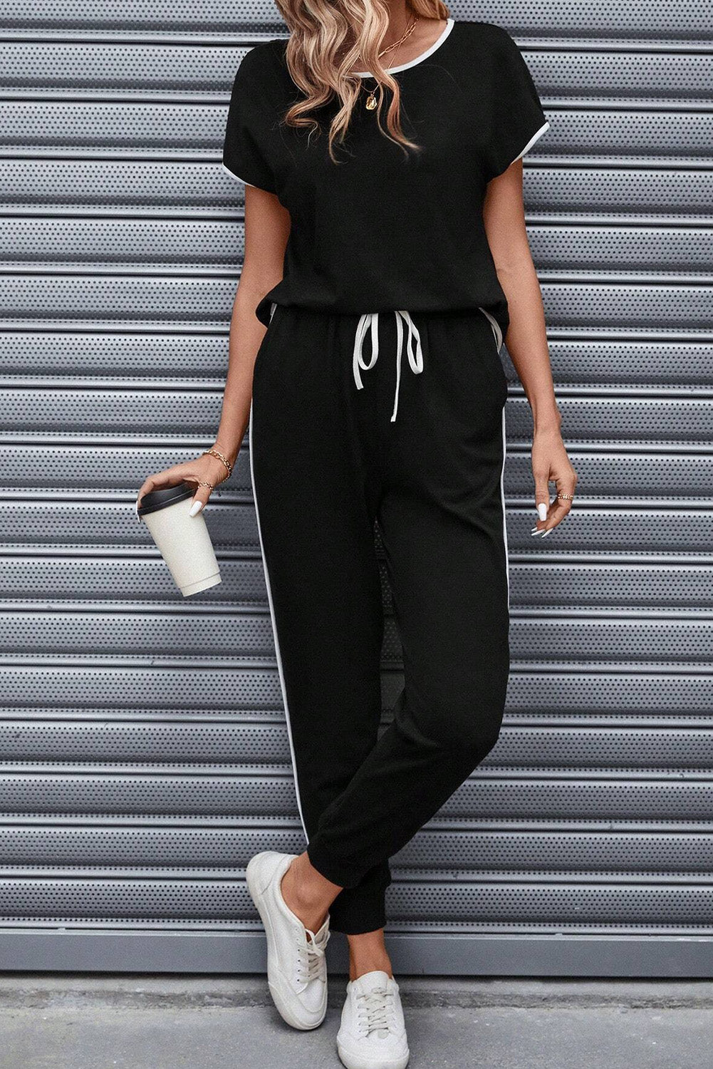 Black Colorblock Trim Casual Two-Piece Lounge Set - Comfortable and Stylish Loungewear