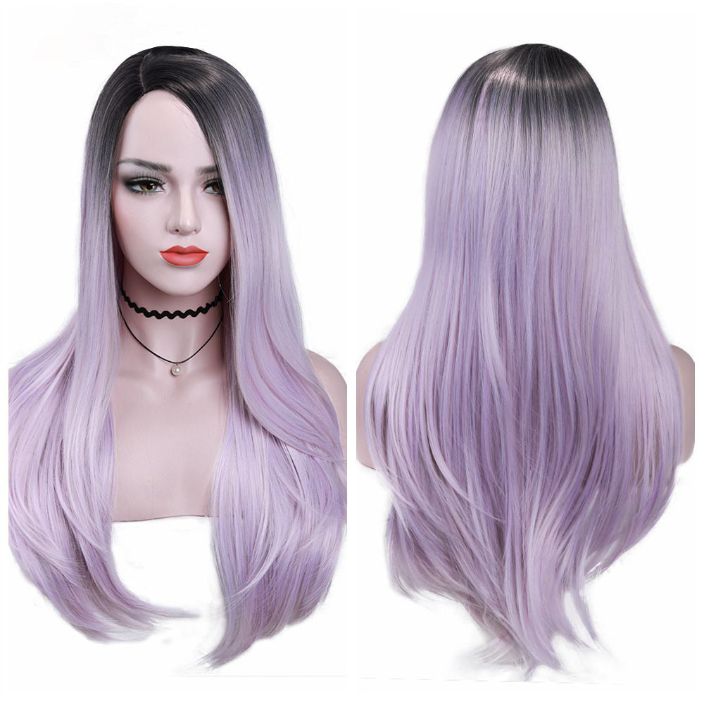 Long Straight Brown Root to Lavender Gradient Cosplay Wig