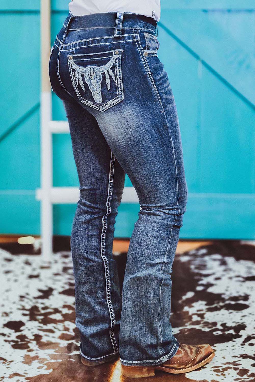 Sky Blue Embroidered Cow Pocket Detail Straight Leg Jeans